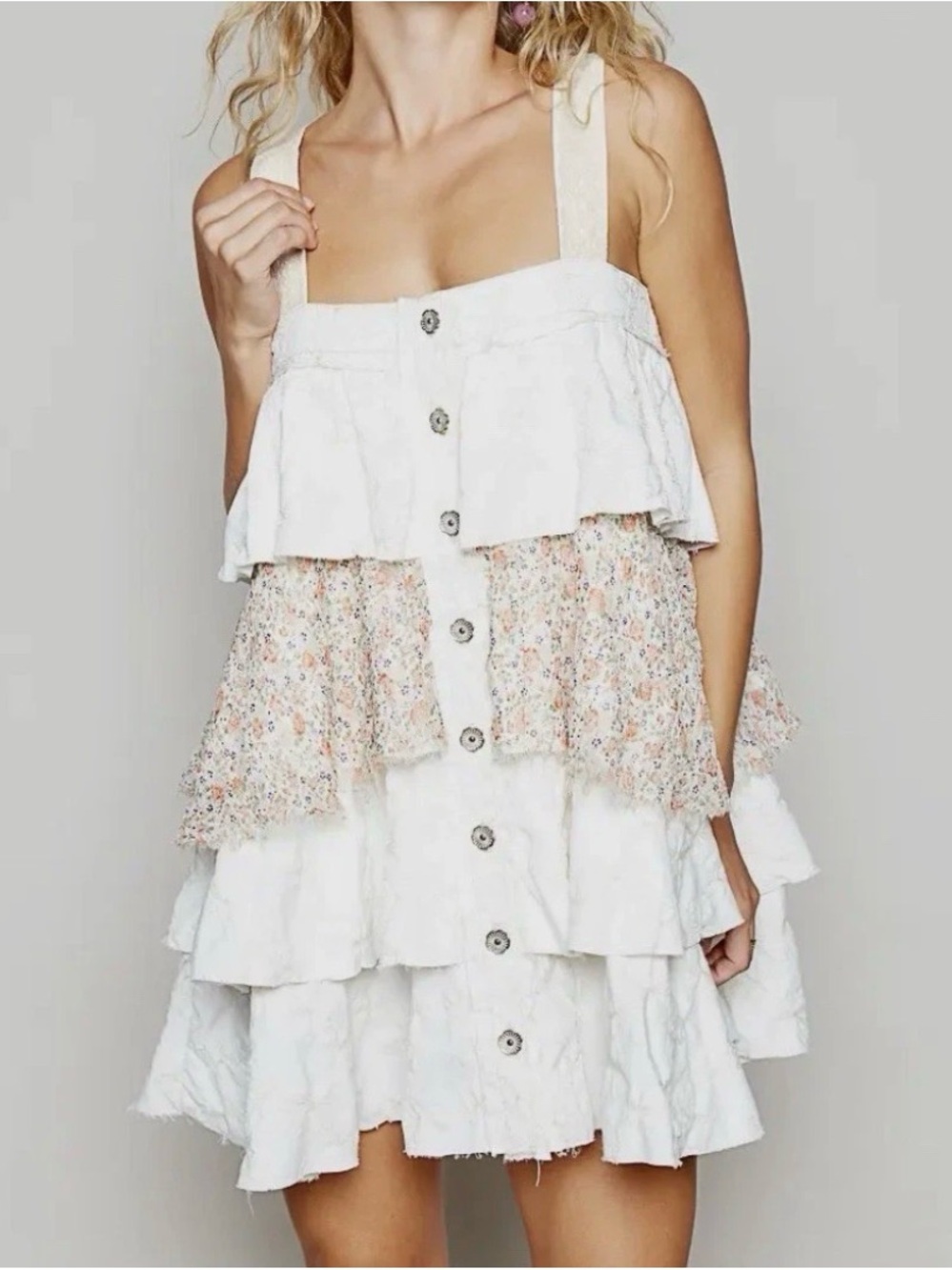 NEW Clearance : POL White Tiered Ruffle Sundress with Floral Panel